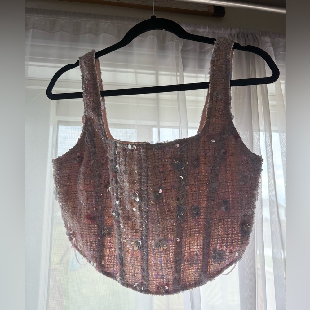 Altar'd State Sequin Embellished Crop Top - Pink and cream